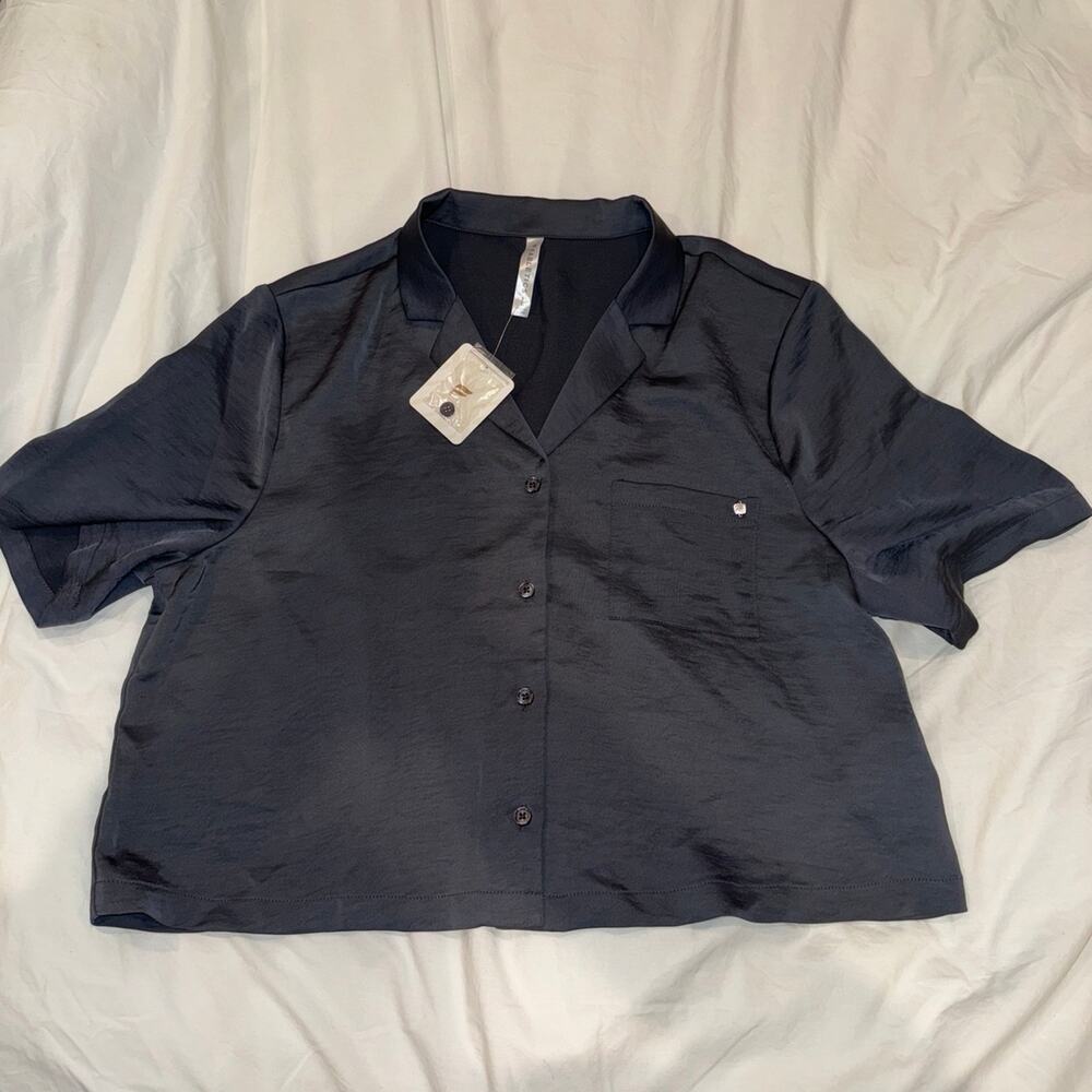 NWT Fabletics button down satin shirt L